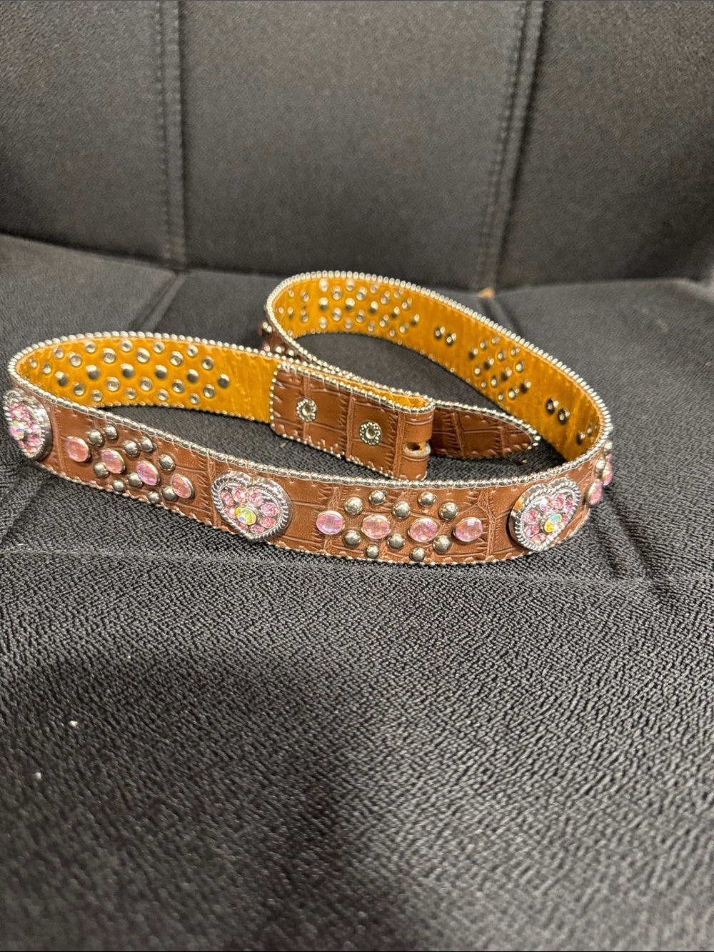 Embellished Brown Leather Women’s Belt with Pink Rhinestones